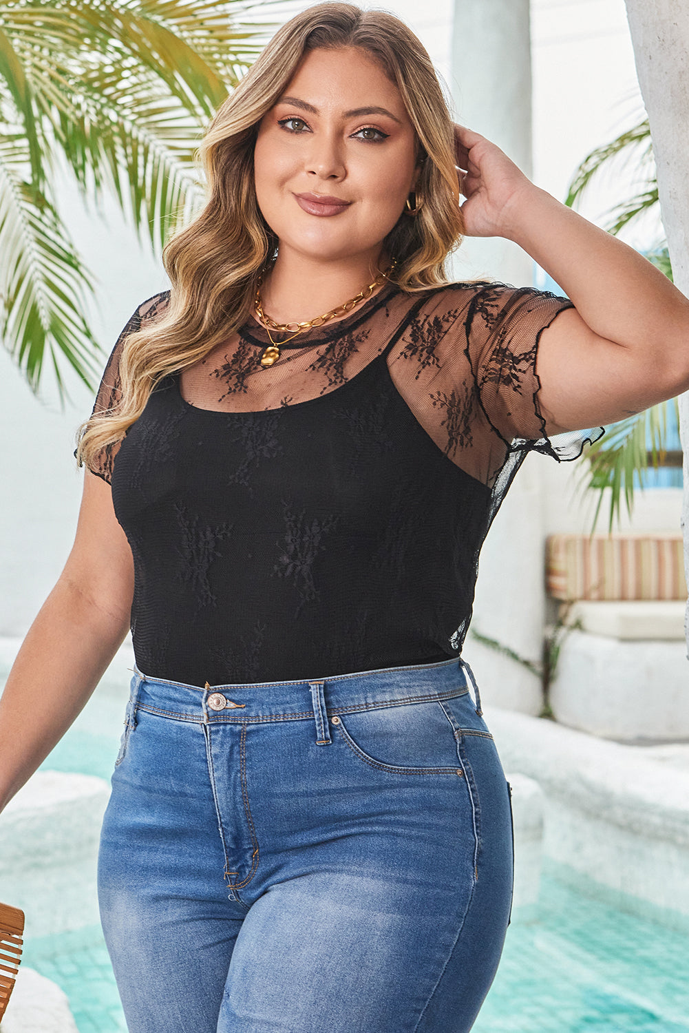 Black Plus Size Sheer Lace Mesh Short Sleeve Top
