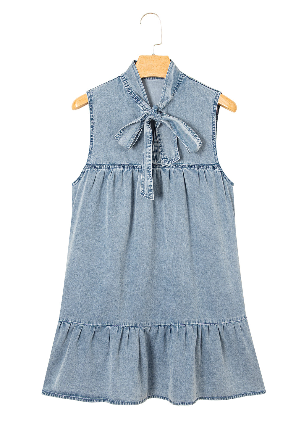 Real Teal Bowknot Neck Sleeveless Ruffled Chambray Dress