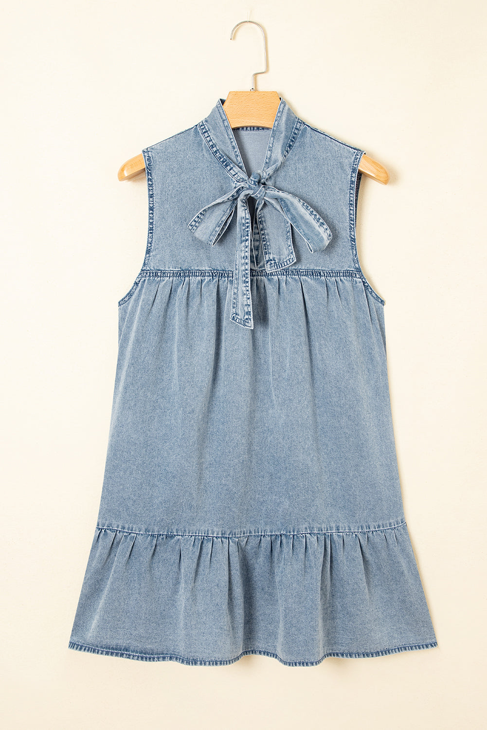 Real Teal Bowknot Neck Sleeveless Ruffled Chambray Dress