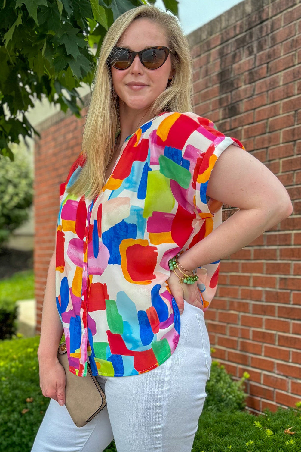 Colorful Brush Stroke Printed Plus Size Button Split Neck Blouse