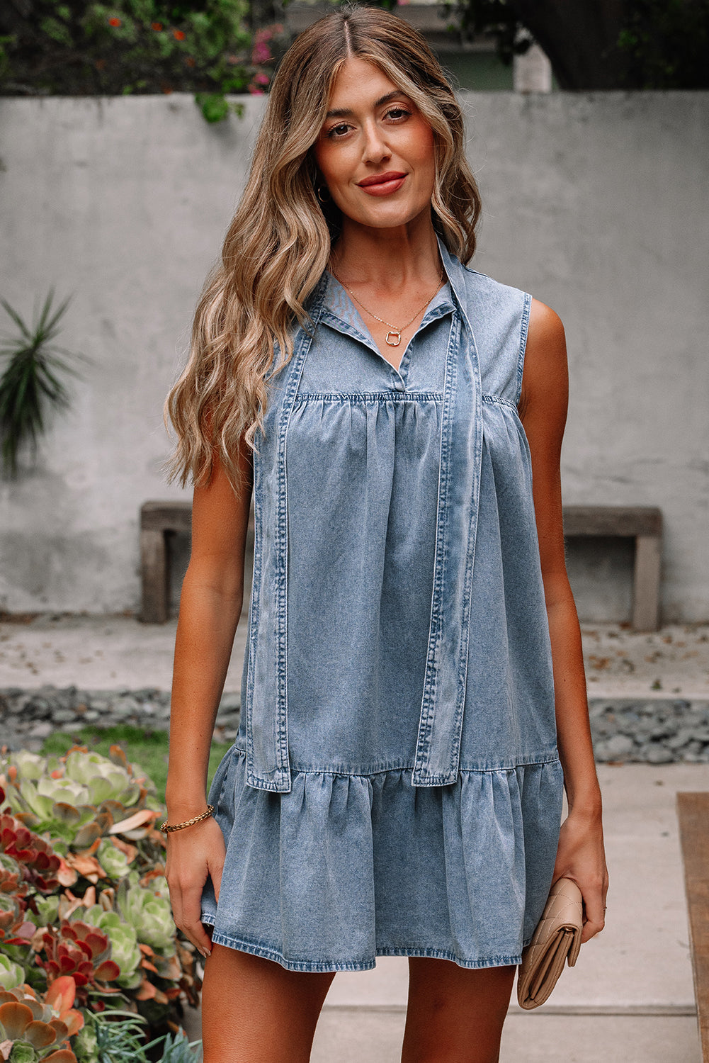Real Teal Bowknot Neck Sleeveless Ruffled Chambray Dress