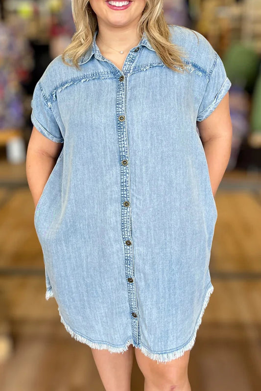 Ashleigh Blue Denim Collared Cap Sleeve Buttoned Front Plus Size Shirt Dress