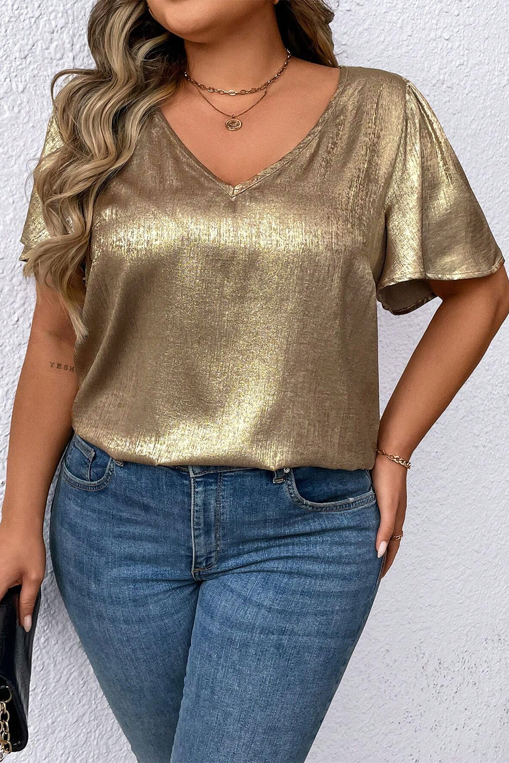 Gold Plus Size Metallic V Neck Short Sleeve Blouse