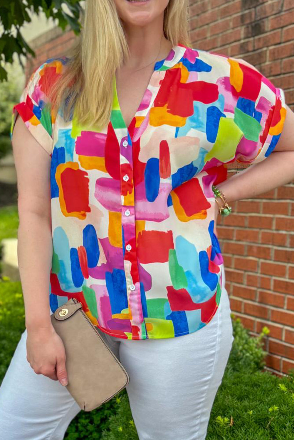 Colorful Brush Stroke Printed Plus Size Button Split Neck Blouse
