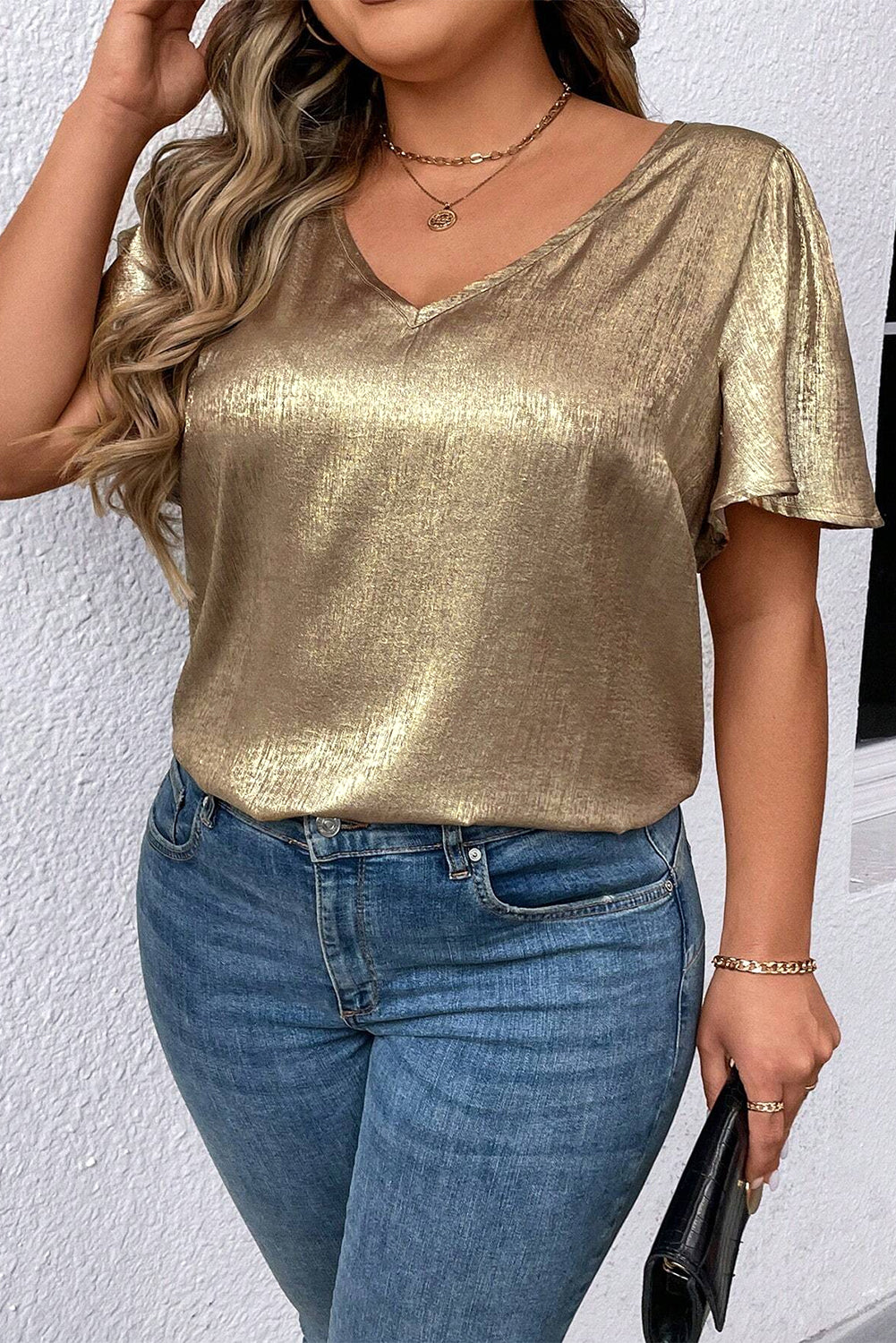 Gold Plus Size Metallic V Neck Short Sleeve Blouse