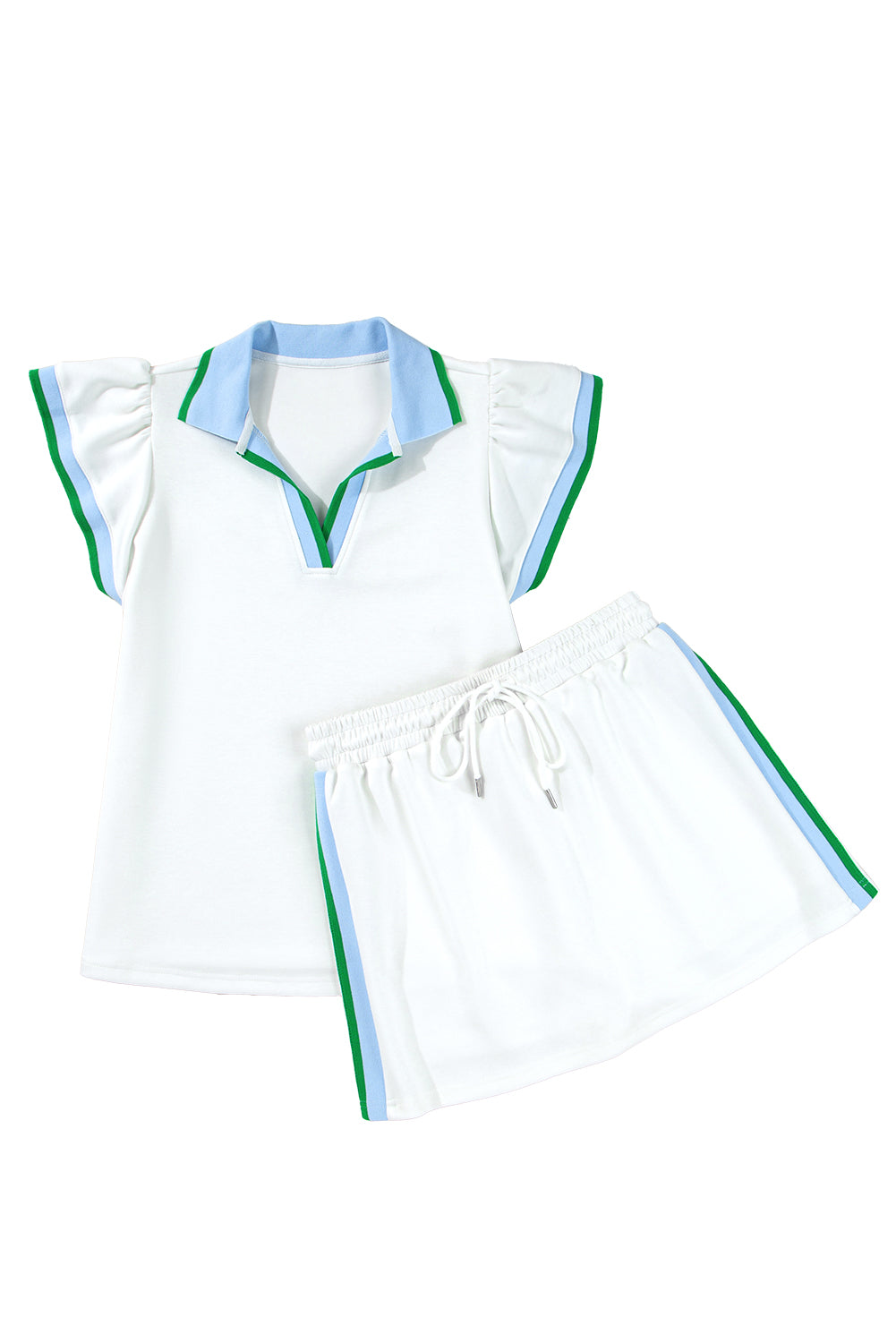 White Colorblock Edge Cap Sleeve Collared Top 2 Piece Skirt Set